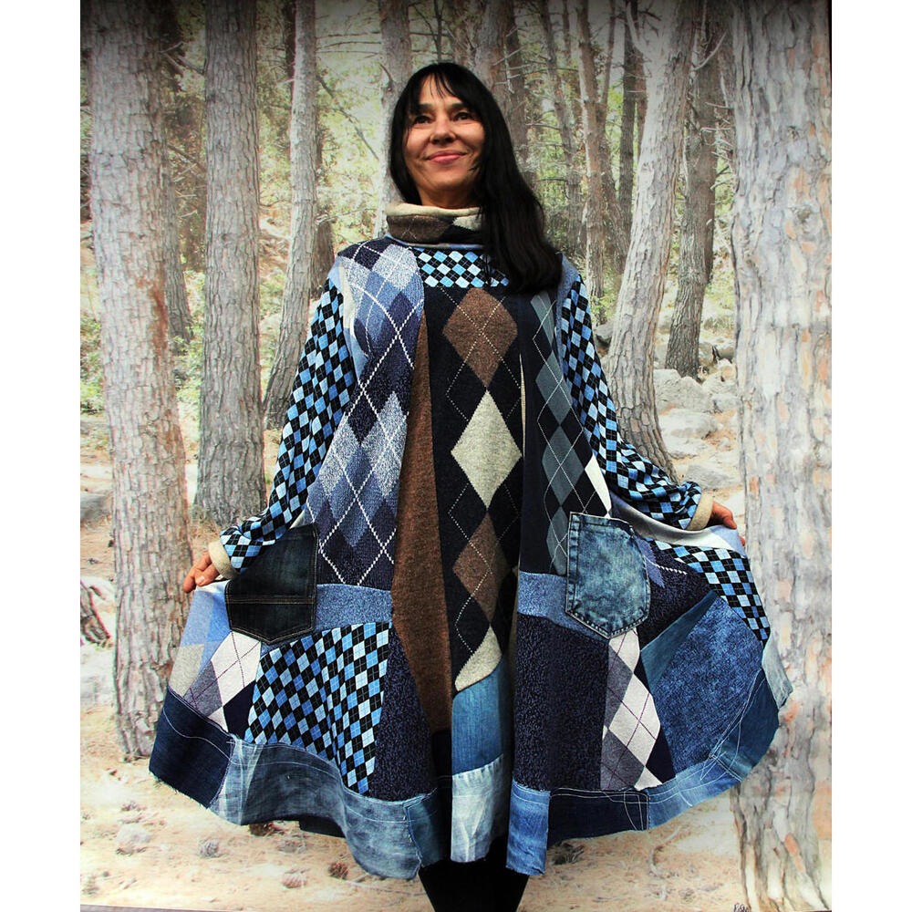 Comfy Long Tunic Dress Squares Sweaters Patchwork Denim Hippie Boho Lagenlook